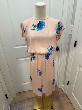 Blush Pink Midi Dress with Blue Floral Print